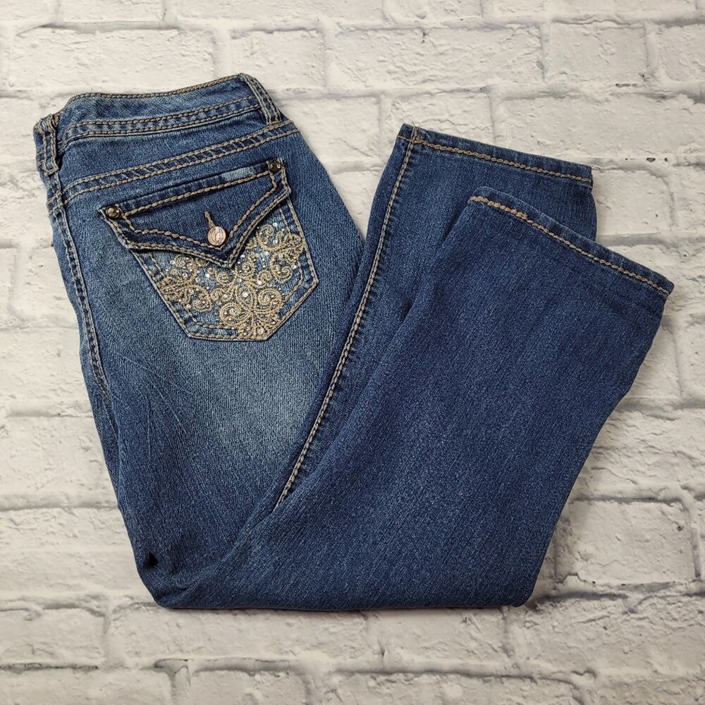 Nine West Bling Embroidered Rhinestone Studded Cropped Jeans size 6 Thick Stitch